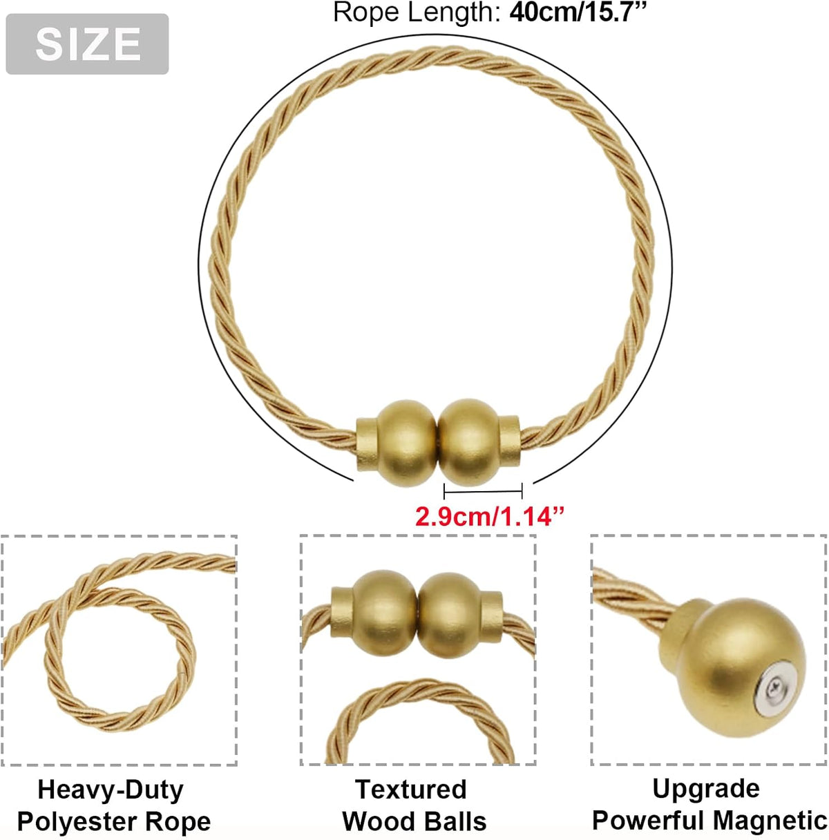 2 Pack Magnetic Curtain Tiebacks Modern Handmade Rope Curtain Tie Backs Decorative Drapes Weave Holdbacks for Home Outdoor Bedroom Office Decorative Curtain, Gold