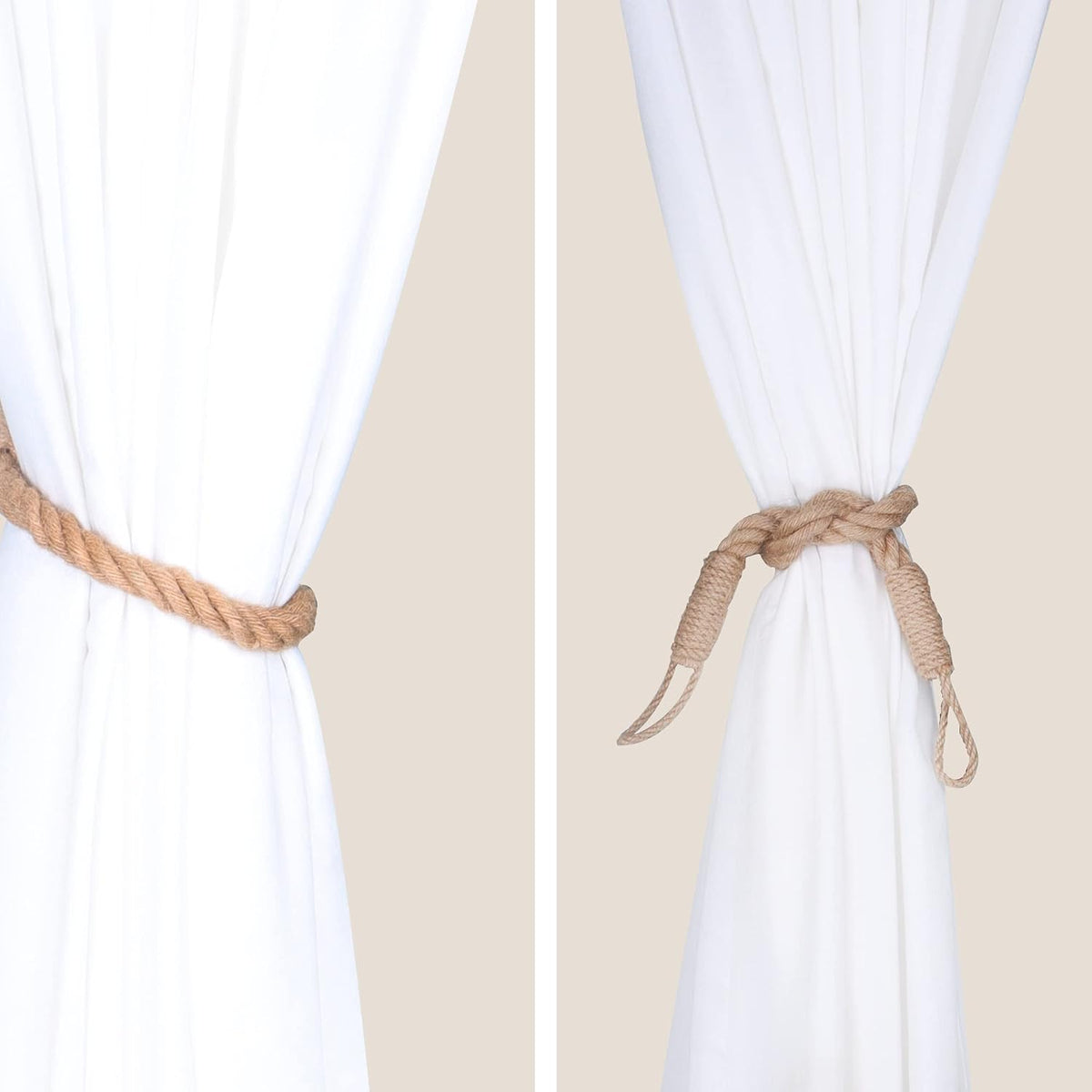 4 Pack Curtain Tiebacks Hemp Rope Curtain Holdbacks, Khaki