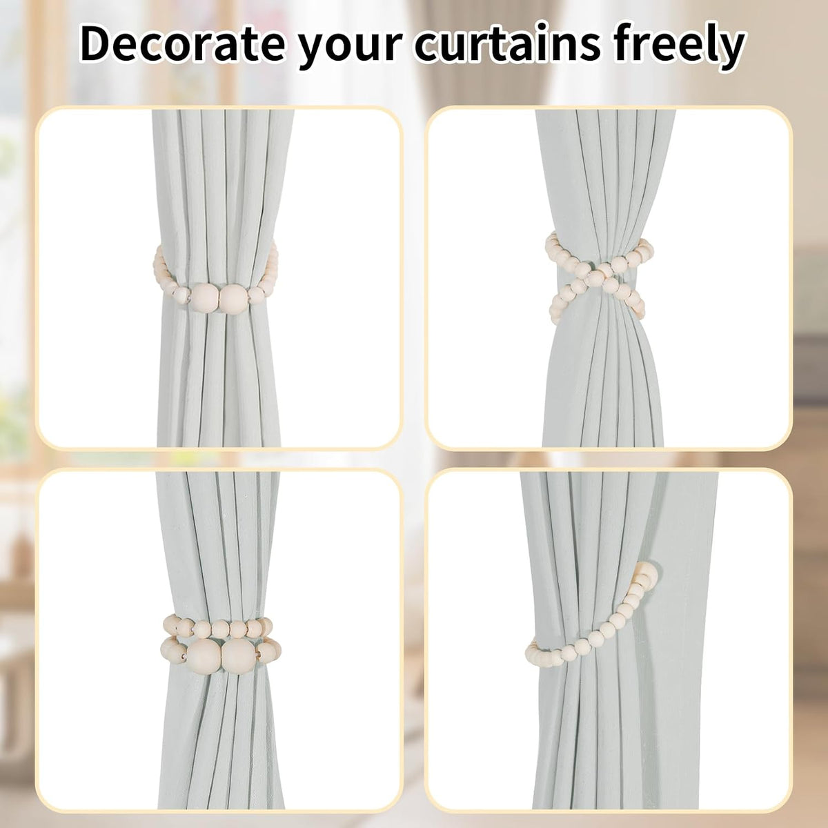 KLOGTSIND Magnetic Curtain Tiebacks, 2 Pack Wood Bead Curtain Holdbacks