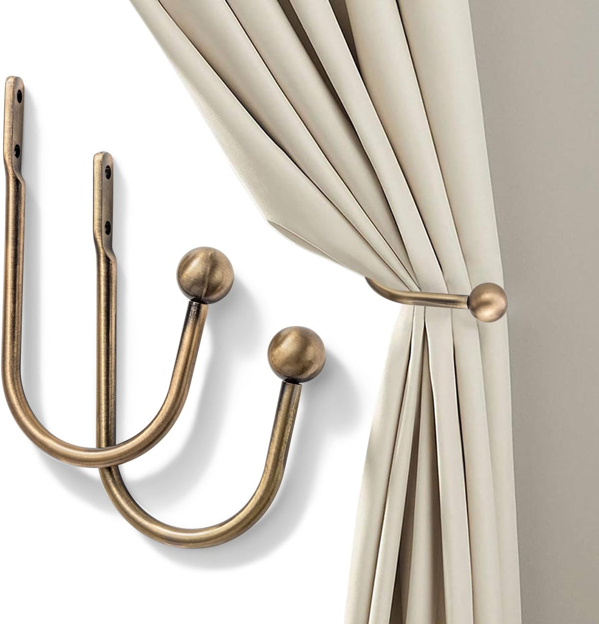 Curtain Holdback, Premium Metal Decorative Curtain Holdbacks with Zinc Alloy Cap Finials,Rust-Proof, Set of 2 Window Curtain Holdbacks (Brass)