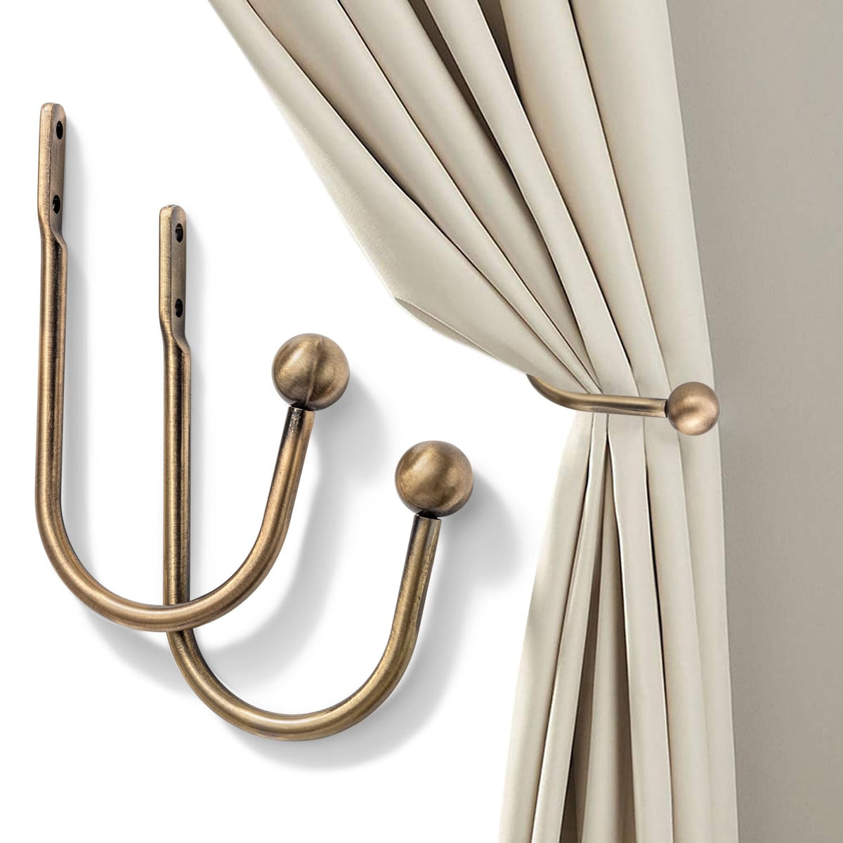 Curtain Holdback, Premium Metal Decorative Curtain Holdbacks with Zinc Alloy Cap Finials,Rust-Proof, Set of 2 Window Curtain Holdbacks (Brass)