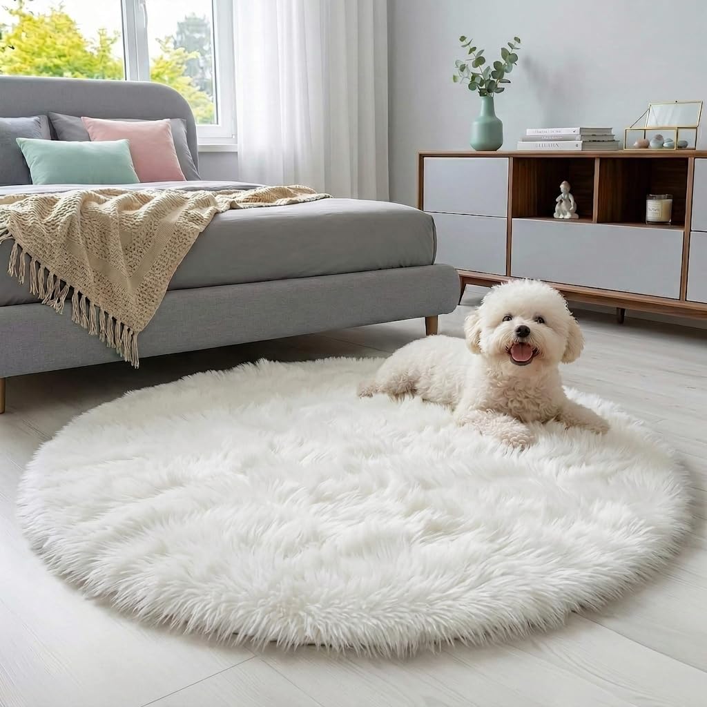 8x10 Ft Cream White Fluffy Area Rug for Living Room, Washable