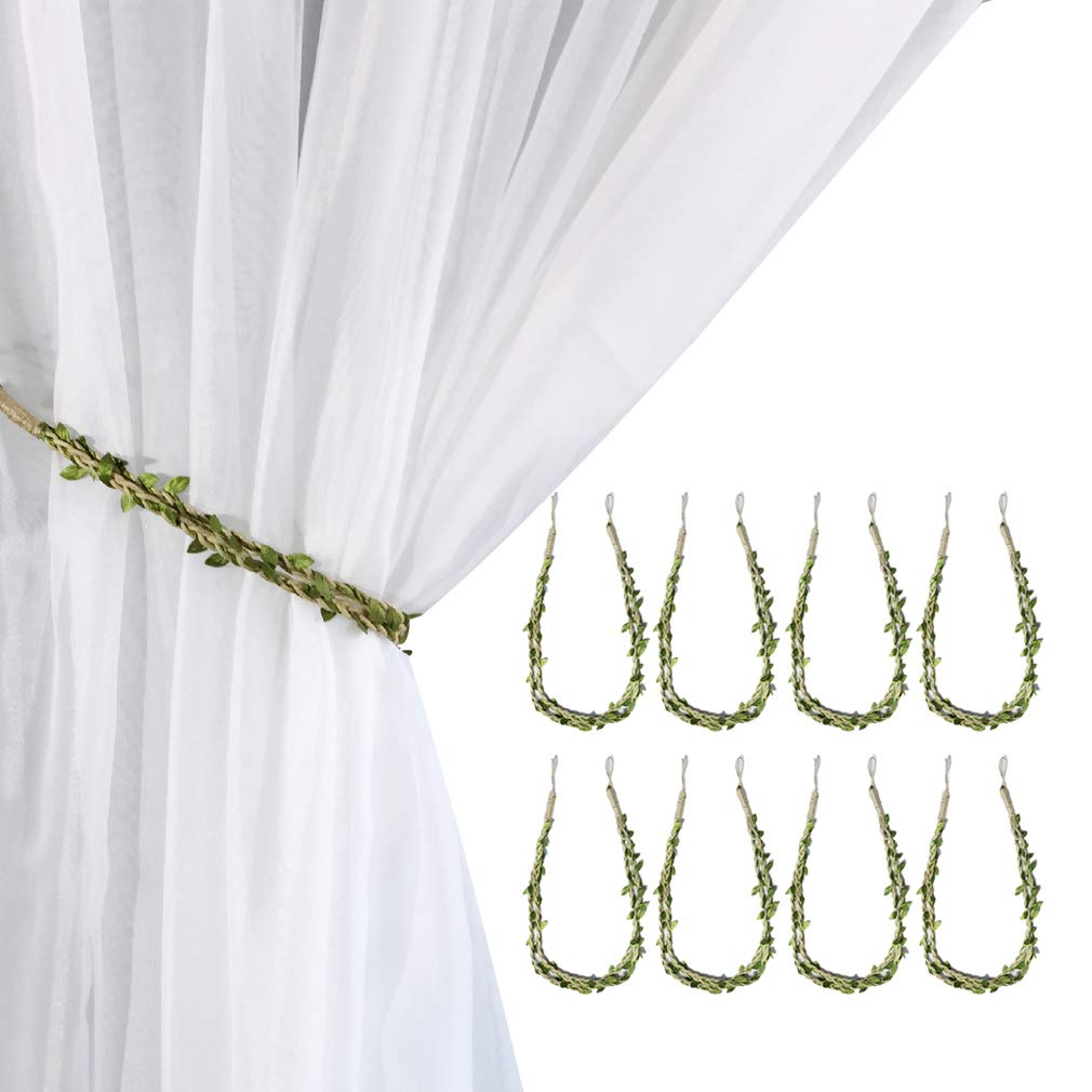 Valea Home Curtain Tiebacks Ropes Natural Burlap Rope Holdbacks with Artificial Vines Fake Foliage Ivy Leaf for Rustic Wedding Party Home Decorative Curtain Holders, Set of 4