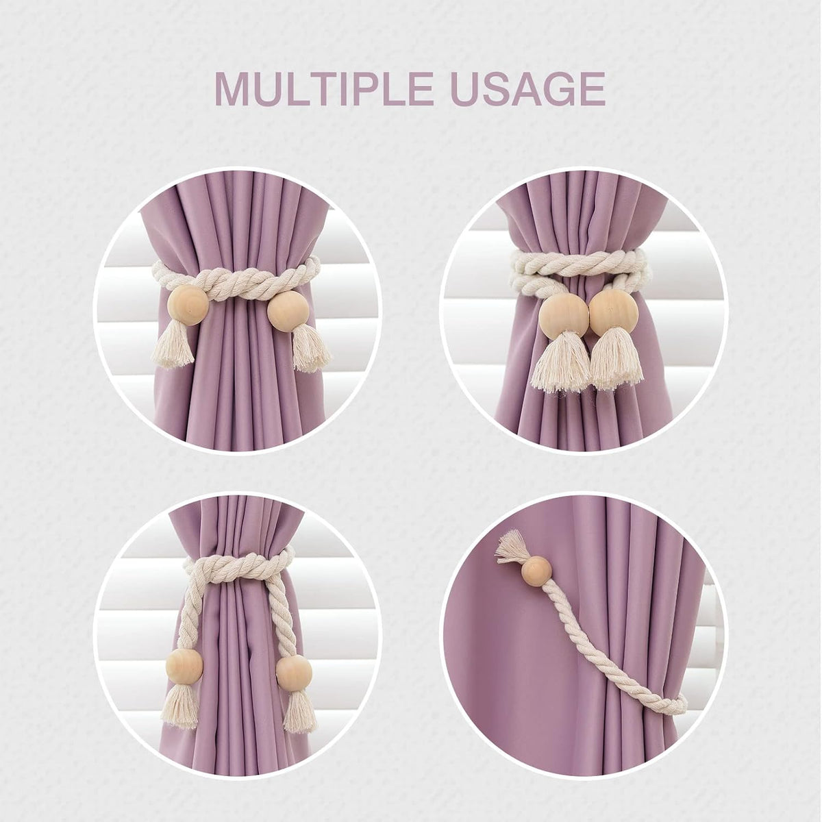 NICEEC 2 Pack Wooden Ball Magnetic Curtain Tiebacks Boho Home Decor Drape Tie Backs Natural Cotton Hand Woven Rope Curtain Holdbacks for Thin & Thick Home & Office Window Draperies (Beige)