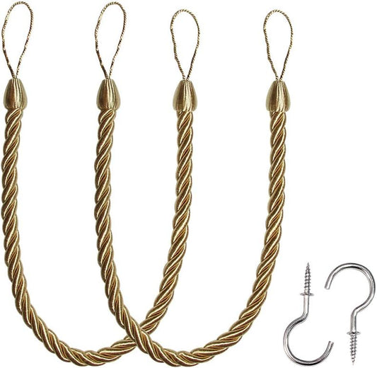 BEL AVENIR Curtain Tiebacks Ropes Tie-Backs,Handmade Holdbacks(Gold,2P)