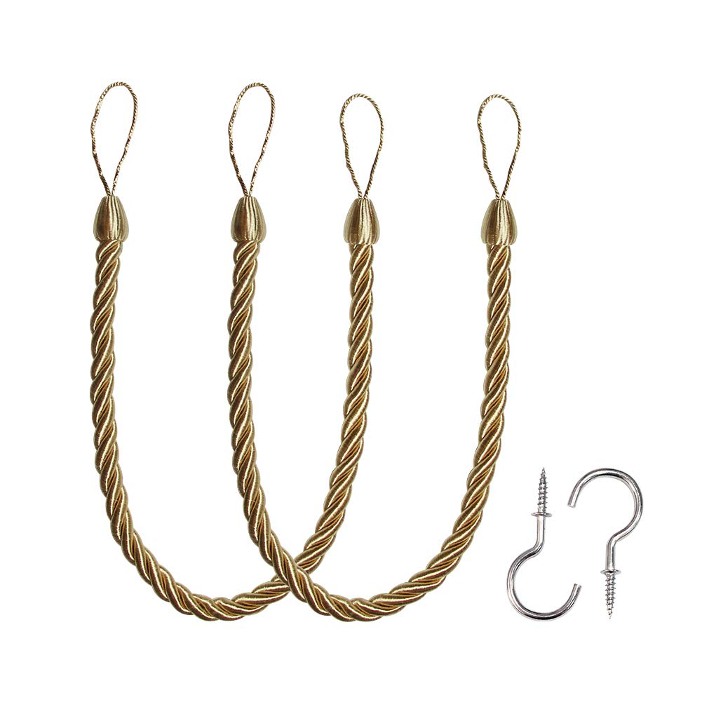 BEL AVENIR Curtain Tiebacks Ropes Tie-Backs,Handmade Holdbacks(Gold,2P)