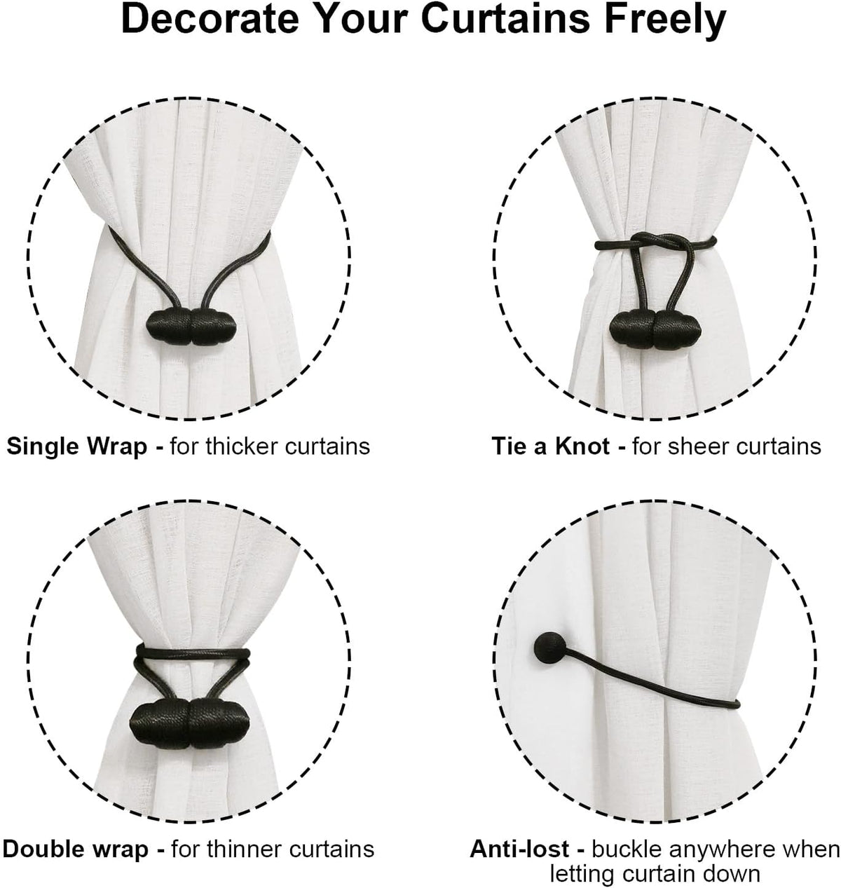 Tifanso 4PCS Black Boho No Drill Magnetic Curtain Tiebacks for Home Decor