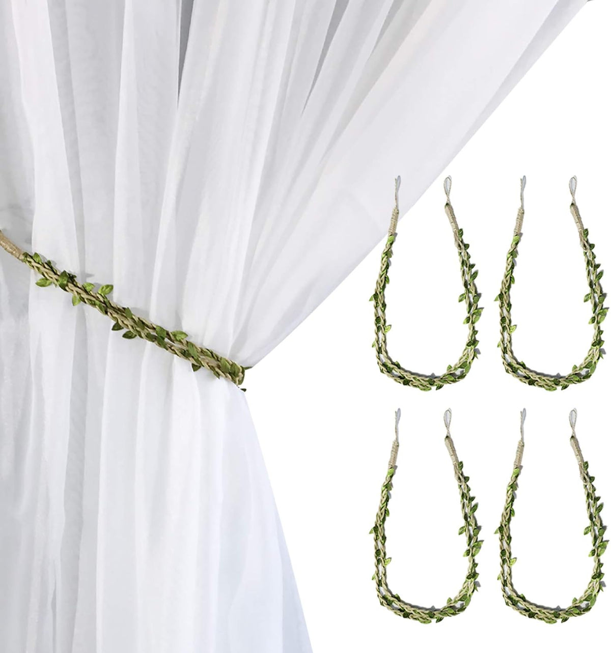 Valea Home Curtain Tiebacks Ropes Natural Burlap Rope Holdbacks with Artificial Vines Fake Foliage Ivy Leaf for Rustic Wedding Party Home Decorative Curtain Holders, Set of 4