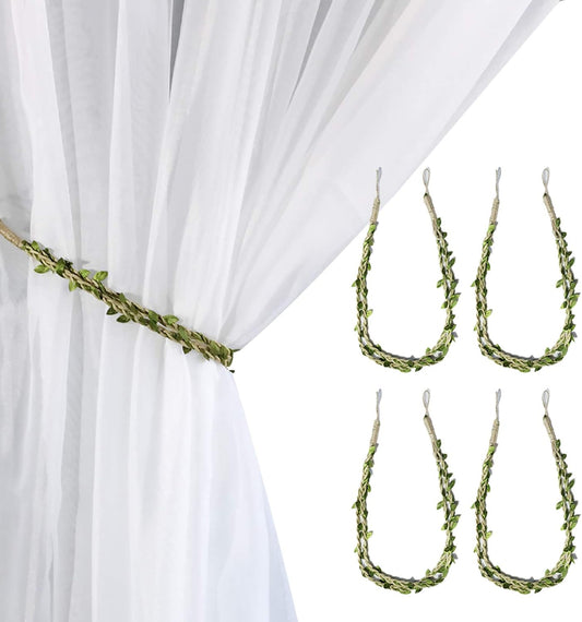 Valea Home Curtain Tiebacks Ropes Natural Burlap Rope Holdbacks with Artificial Vines Fake Foliage Ivy Leaf for Rustic Wedding Party Home Decorative Curtain Holders, Set of 4