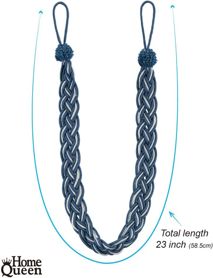 Home Queen Handwoven Rope Curtain Tiebacks for Drapes, 2 Pack Rope Holdbacks with Hooks, 23 Inch Long Polyester and Cotton Braided Tie Backs for Thick and Sheer Curtains,Navy and Silver