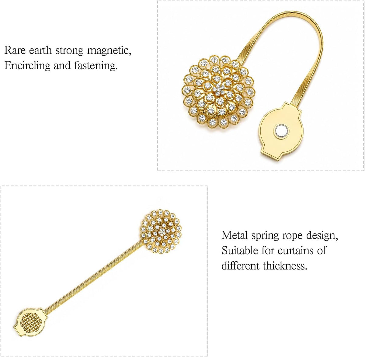 Magnetic Tiebacks for Curtain 2 Pack, Gold Crystal Flower Holdback