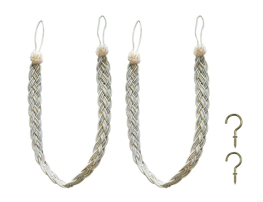 Home Queen Handwoven Rope Curtain Tiebacks for Drapes, 2 Pack Rope Holdbacks with Hooks, 23 Inch Long Polyester and Cotton Braided Tie Backs for Thick and Sheer Curtains,Navy and Silver