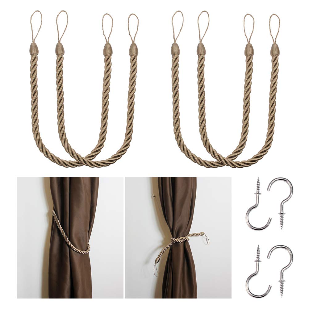 BEL AVENIR Curtain Tiebacks Ropes Tie-Backs,Handmade Holdbacks(Gold,2P)