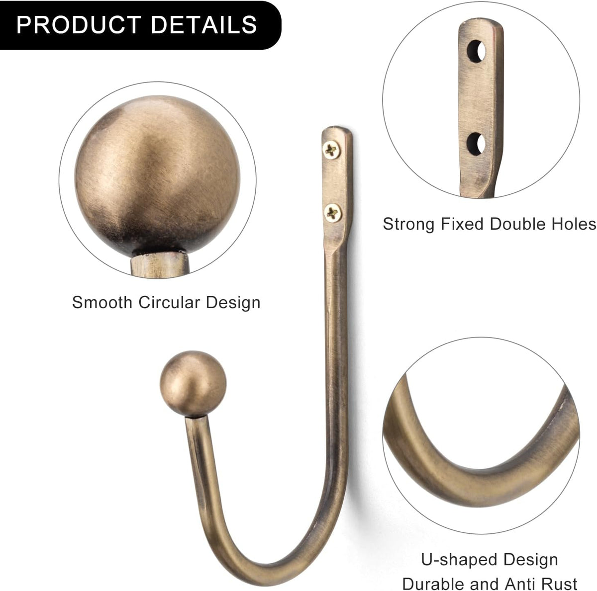 Curtain Holdback, Premium Metal Decorative Curtain Holdbacks with Zinc Alloy Cap Finials,Rust-Proof, Set of 2 Window Curtain Holdbacks (Brass)