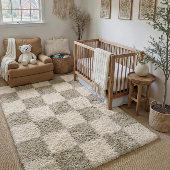 PureCozy Beige 8x10 Area Rug for Living Room Soft Checkered Shag Carpet