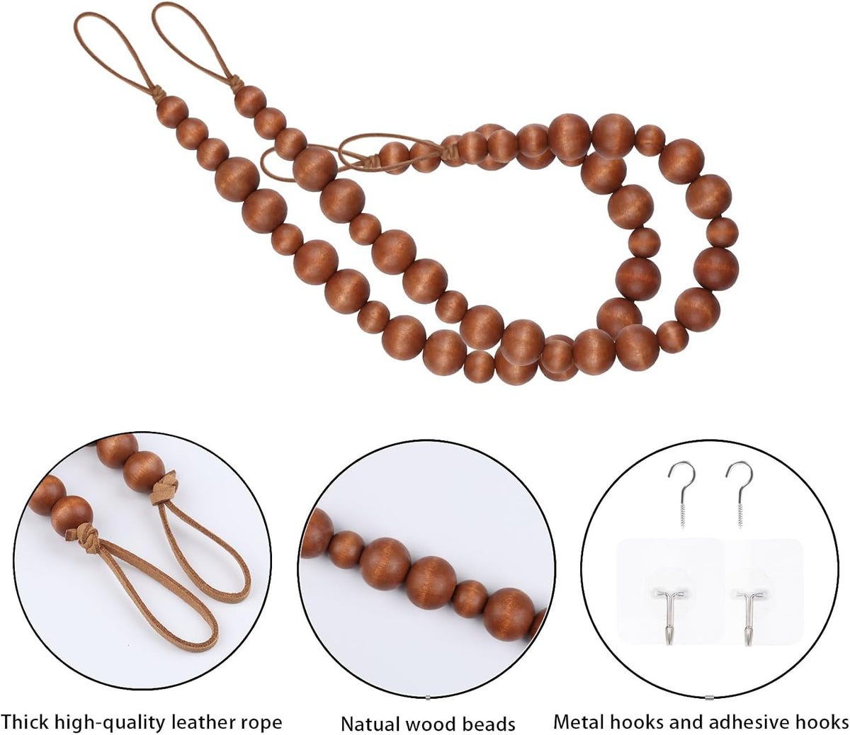 2 Pieces Curtain Tieback Wood Bead Curtain Tiebacks Curtain Holdbacks for Wall Curtain Ties Window Treatment Curtain Tie Backs with Hooks Curtain Pull Backs (Coffee,2) C-1