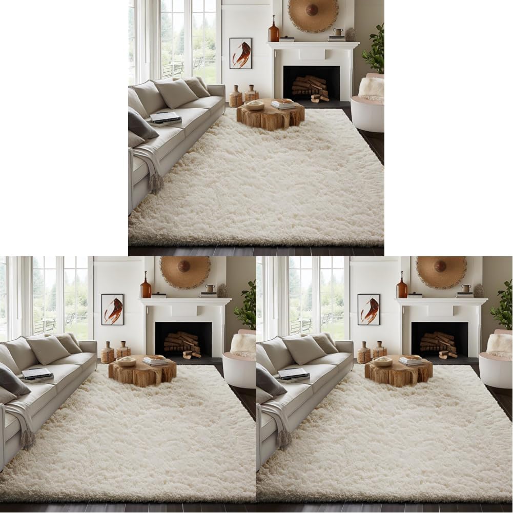 Ophanie 8x10 Area Rugs for Living Room, Washable Non-Slip Fluffy Soft Large Shag Bedroom Carpet, Ivory Big Indoor Nursery Rug, Carpets for Boy and Girls Room Dorm Decor with Over 99 pcs Pile fibers