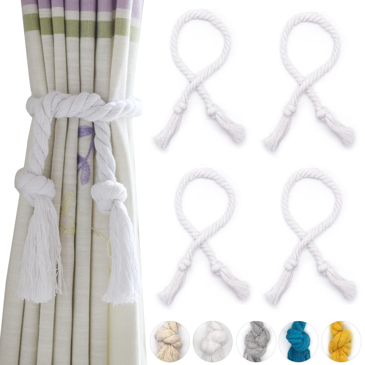 6 Pack Curtain Ties Rope, Outdoor Curtain Tiebacks for Patio Gazebo Pergola Cabana, Natural Cotton Curtain Holders, Village Rural Rustic Farmhouse Curtain Holdbacks for Drapery, Black