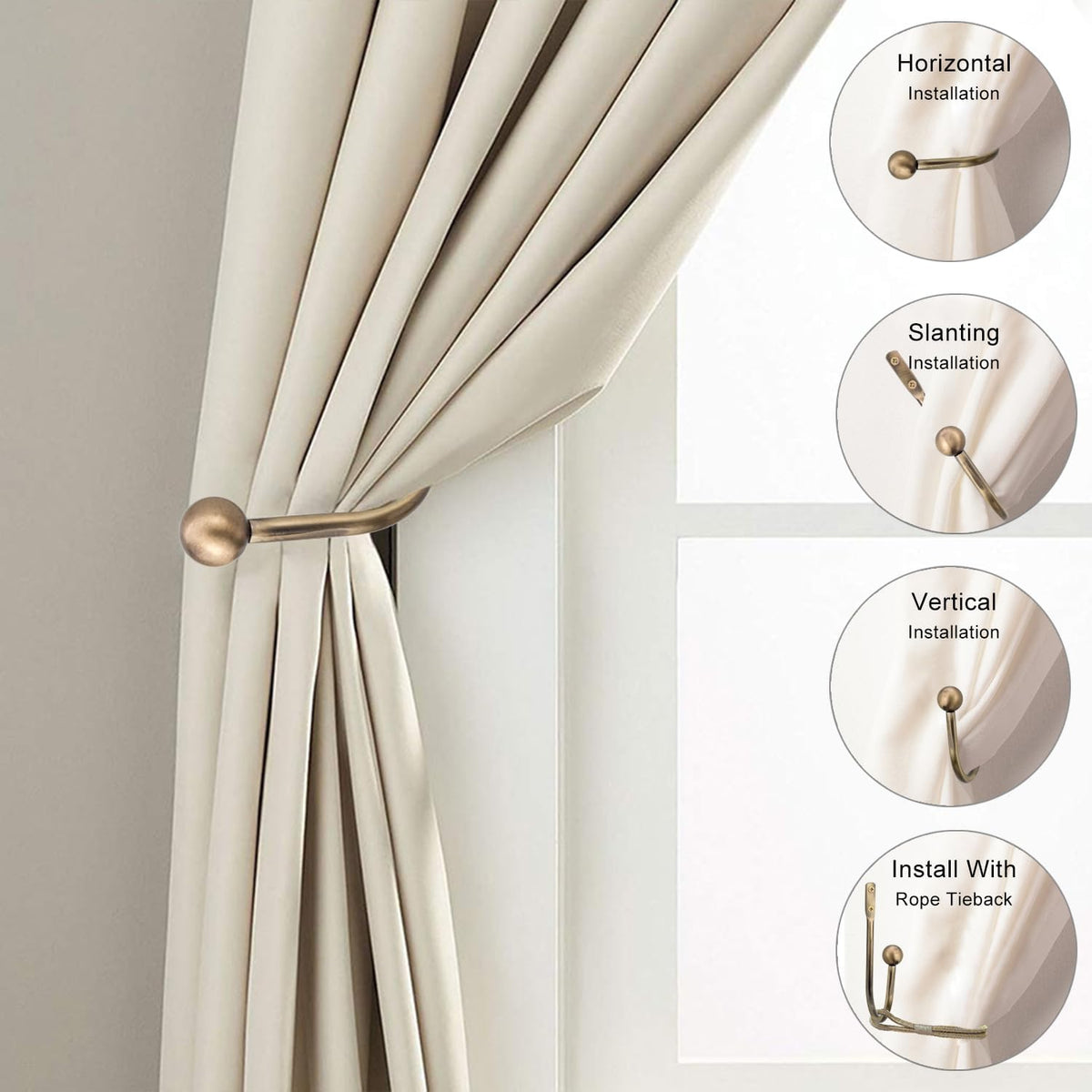 Curtain Holdback, Premium Metal Decorative Curtain Holdbacks with Zinc Alloy Cap Finials,Rust-Proof, Set of 2 Window Curtain Holdbacks (Brass)