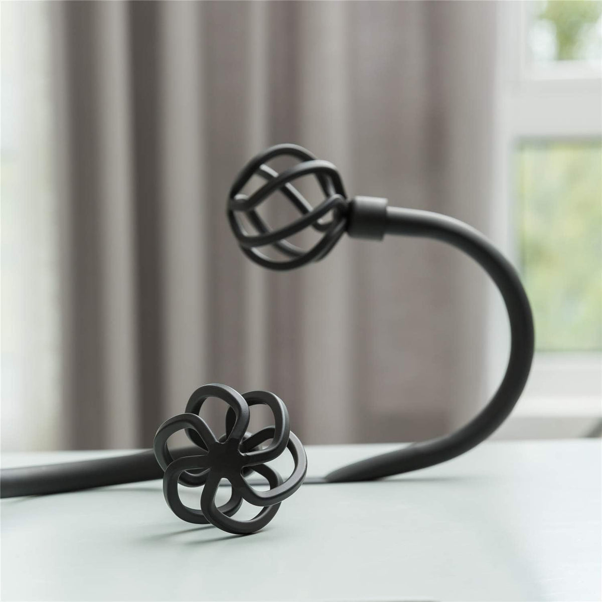 HIKMLK Geometric Industrial Curtain Holdbacks 2pcs, Solid Cast Iron Heavy Duty Curtain Tiebacks for Wall, Side Holder Pull Back Hooks for Drapes Tie Back Home Window Decor (Matt Black)