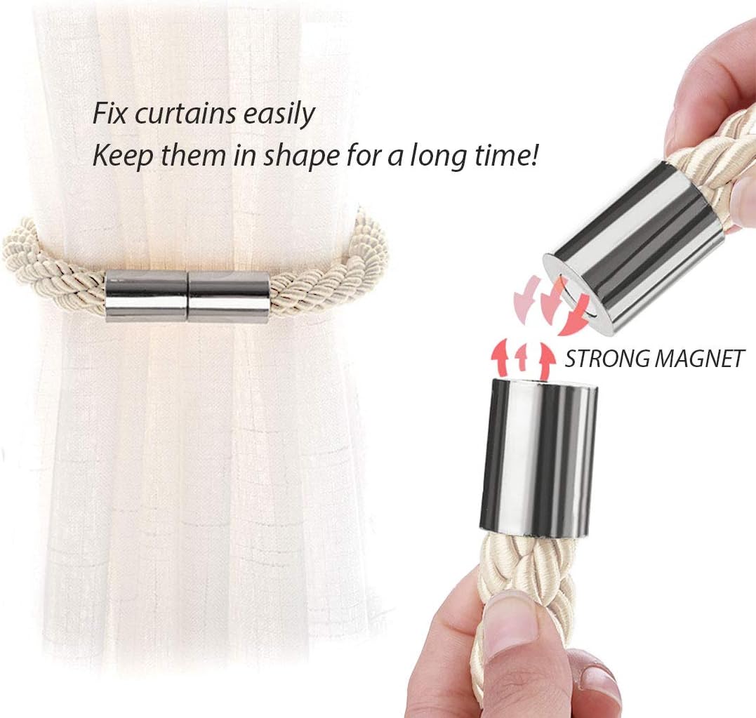 NICEEC 2 Pack Strong Magnetic Curtain Tiebacks Modern Simple Style Drape Tie Backs Convenient Decorative Weave Rope Curtain Holdbacks for Thin or Thick Home & Office Window Draperies (Beige)
