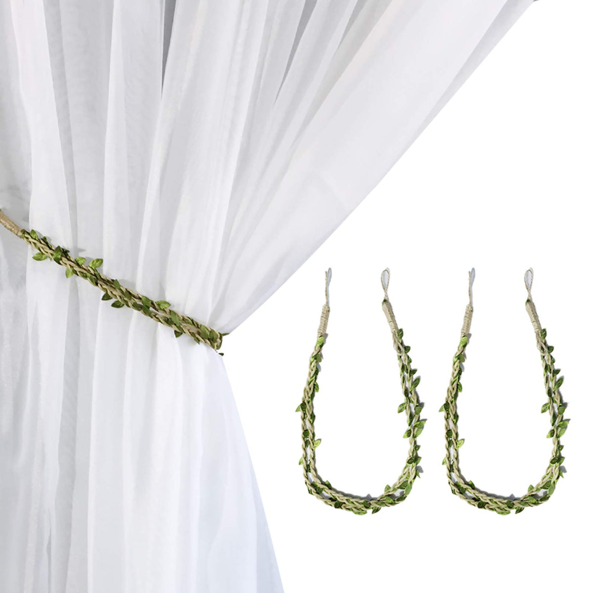 Valea Home Curtain Tiebacks Ropes Natural Burlap Rope Holdbacks with Artificial Vines Fake Foliage Ivy Leaf for Rustic Wedding Party Home Decorative Curtain Holders, Set of 4