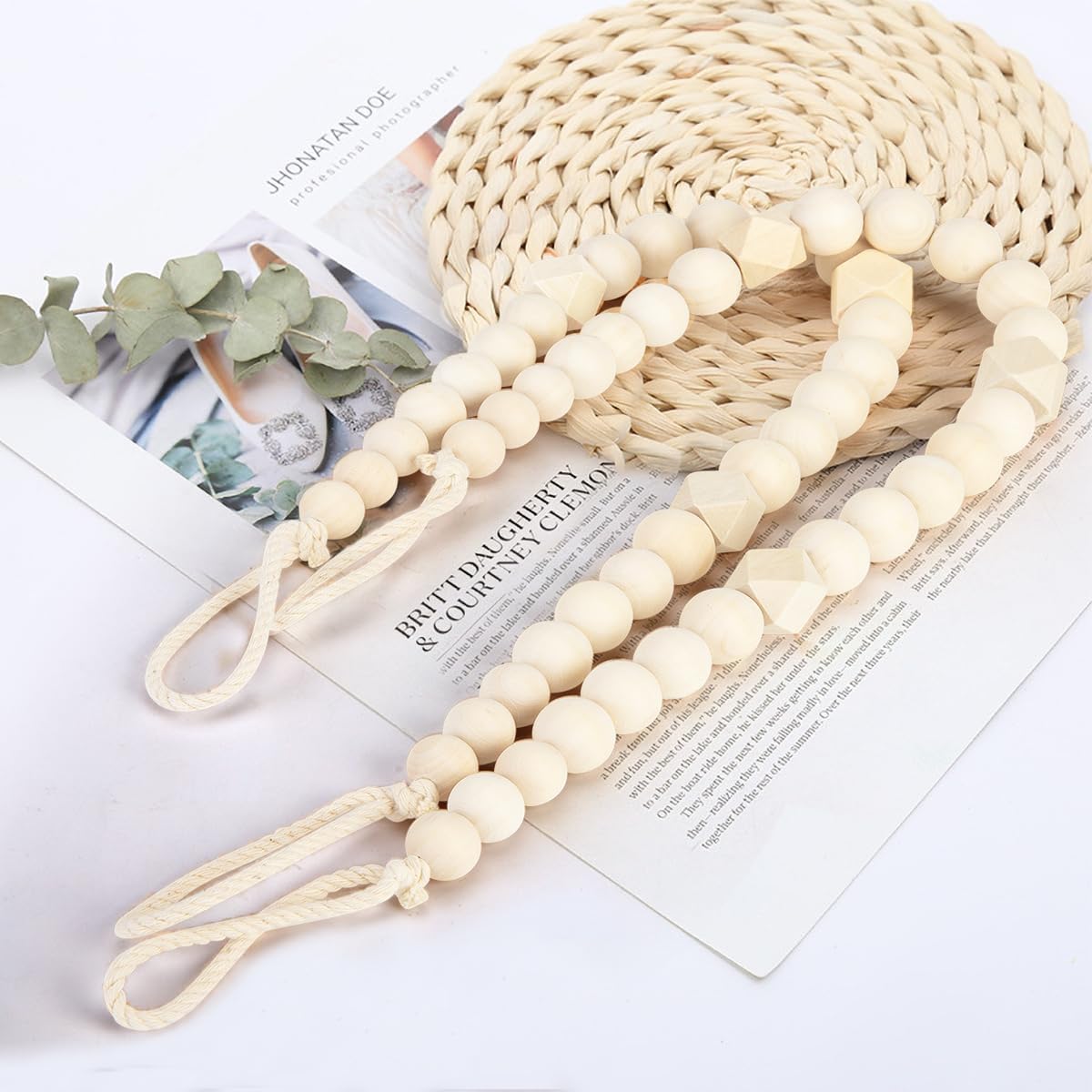 KLOGTSIND Wood Bead Curtain Tiebacks, 2 Pack Curtain Tie Backs with Hooks