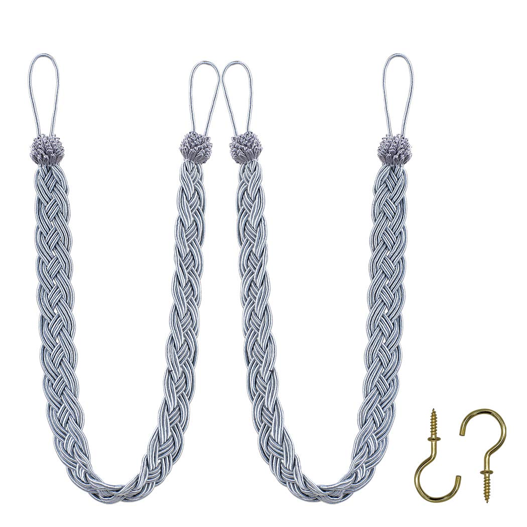 Home Queen Handwoven Rope Curtain Tiebacks for Drapes, 2 Pack Rope Holdbacks with Hooks, 23 Inch Long Polyester and Cotton Braided Tie Backs for Thick and Sheer Curtains,Navy and Silver