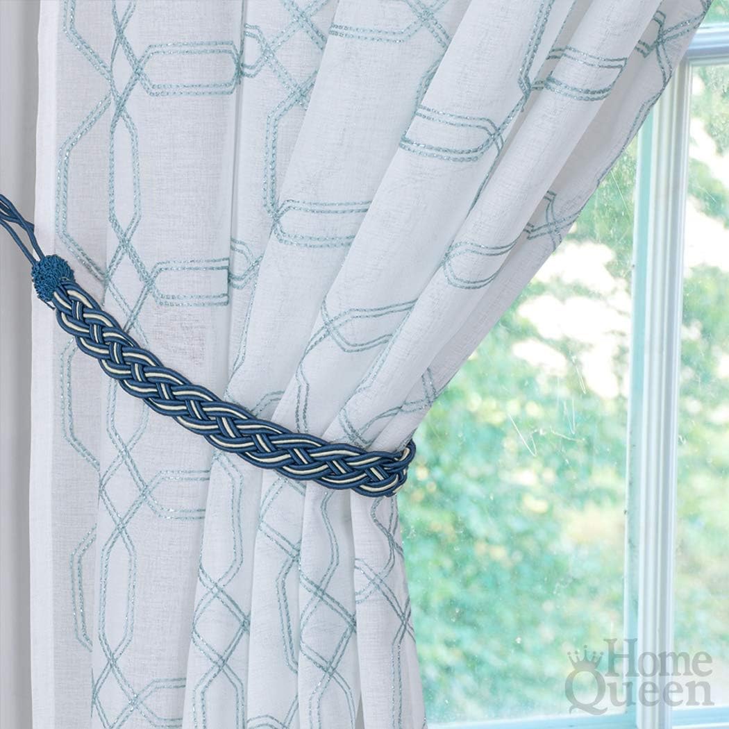 Home Queen Handwoven Rope Curtain Tiebacks for Drapes, 2 Pack Rope Holdbacks with Hooks, 23 Inch Long Polyester and Cotton Braided Tie Backs for Thick and Sheer Curtains,Navy and Silver