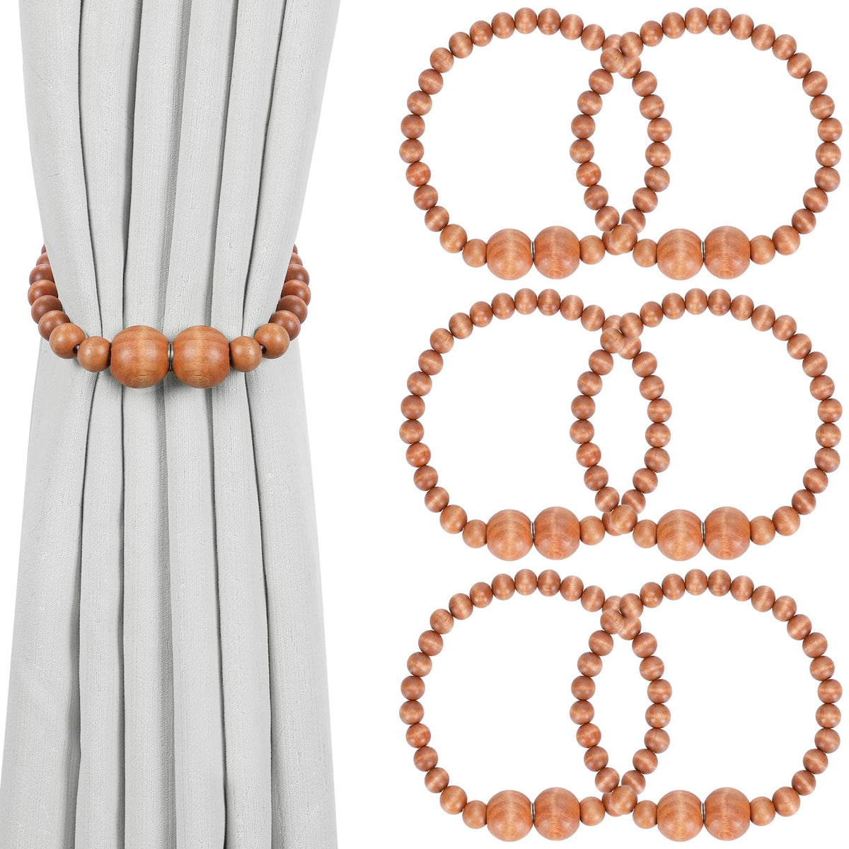 KLOGTSIND Magnetic Curtain Tiebacks, 2 Pack Wood Bead Curtain Holdbacks