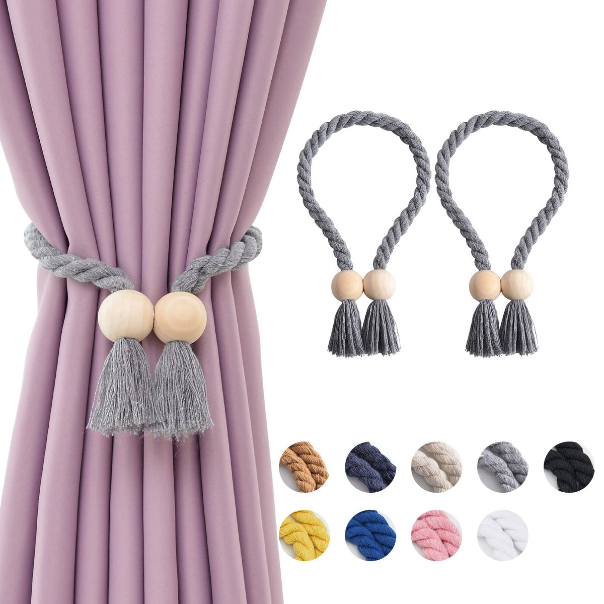 NICEEC 2 Pack Wooden Ball Magnetic Curtain Tiebacks Boho Home Decor Drape Tie Backs Natural Cotton Hand Woven Rope Curtain Holdbacks for Thin & Thick Home & Office Window Draperies (Beige)