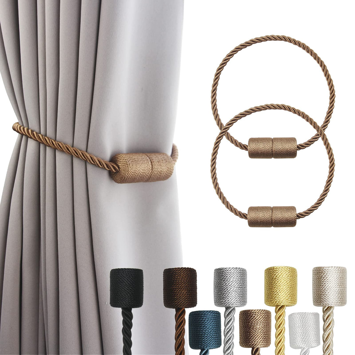2 Pack Grey Strong Magnetic Curtain Tiebacks Outdoor Elegant Decorative Tie Backs Modern Rope Tiebacks for Drapes Window Curtain Holdbacks for Draperies
