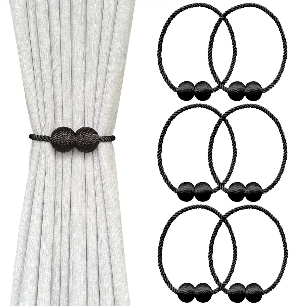 MELALUXE 6 Pack Magnetic Curtain Tiebacks, Decorative Curtain Holdbacks for Window Décor (Grey)