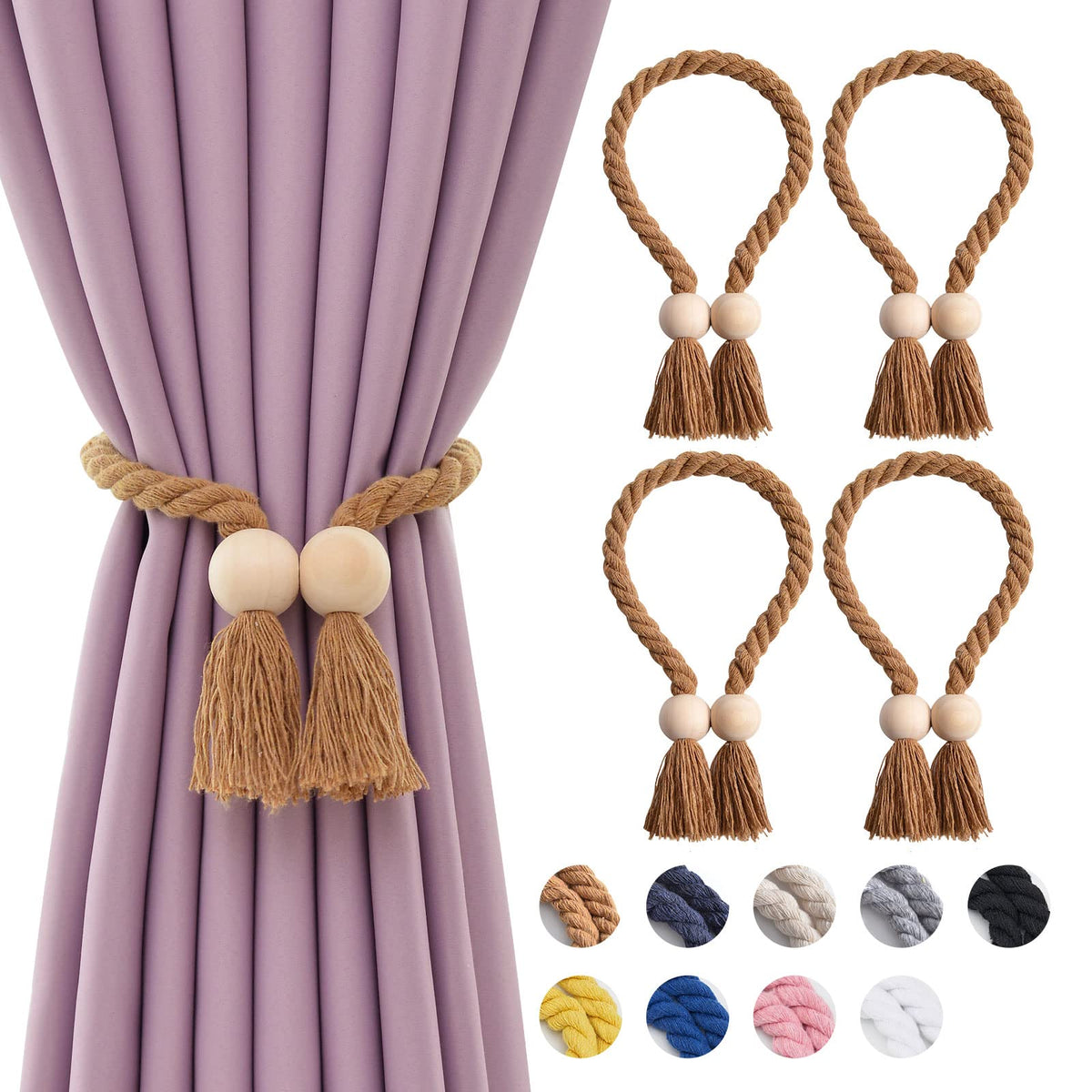 NICEEC 2 Pack Wooden Ball Magnetic Curtain Tiebacks Boho Home Decor Drape Tie Backs Natural Cotton Hand Woven Rope Curtain Holdbacks for Thin & Thick Home & Office Window Draperies (Beige)