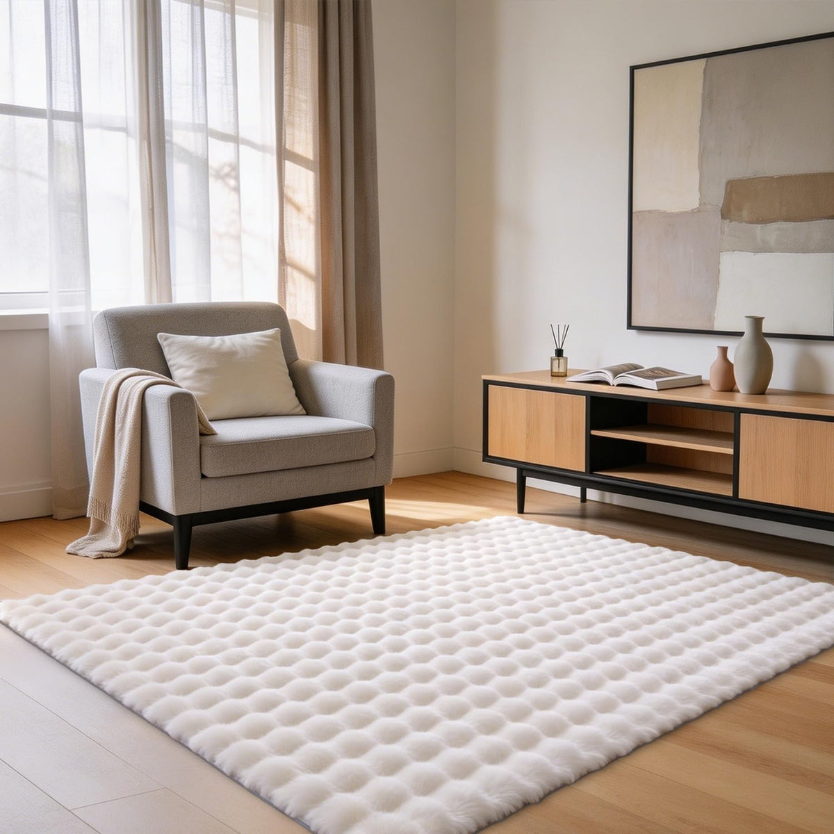 Creamy White Rabbit Plush Rug 8'x10', Fluffy Faux Fur Shaggy Area Rug for Nursery, Kids Room Decor, Soft Fuzzy Carpet for Living Room, Bedroom, Teen Girls Room