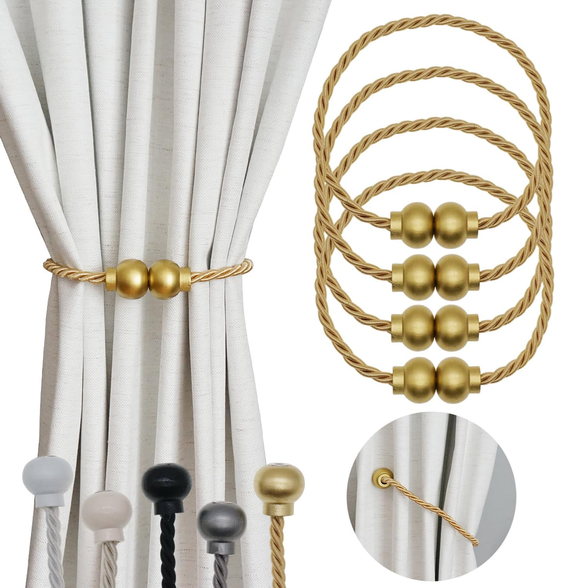 2 Pack Magnetic Curtain Tiebacks Modern Handmade Rope Curtain Tie Backs Decorative Drapes Weave Holdbacks for Home Outdoor Bedroom Office Decorative Curtain, Gold