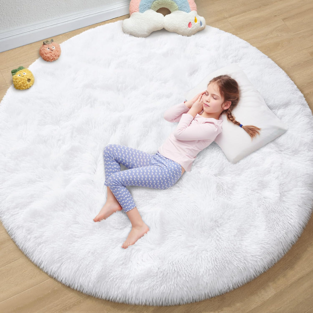 EVOIONOS Pink Round Rug for Bedroom, 4x4 Ft Fluffy Soft Circle Area Rugs for Living Room, Plush Shaggy Circular Carpet for Indoor Floor Bedside Girls Nursery, Machine-Washable Home Decor Aesthetic
