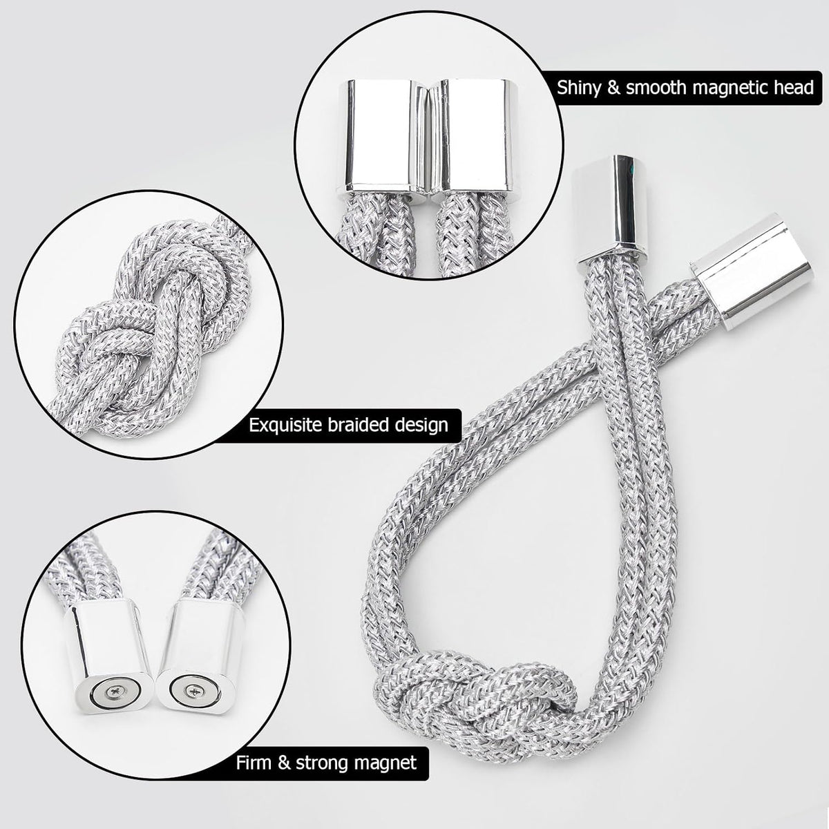 NICEEC 2 Pack Mini Magnetic Curtain Tiebacks Nordic Simple Style Drape Tie Backs Elegant Hand Weave Rope Knot Decorative Curtain Holdbacks for Home & Office Thin Window Drapery (Silver Grey)