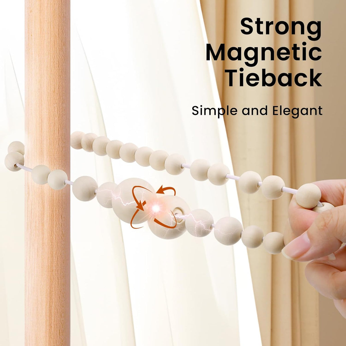 KLOGTSIND Magnetic Curtain Tiebacks, 4 Pack Wood Bead Curtain Holdbacks