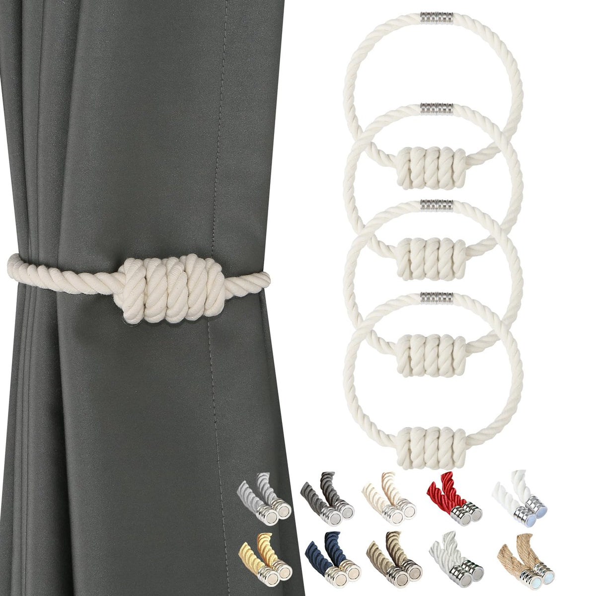 BEL AVENIR Magnetic Jute Curtain Tiebacks 2 Pack Hand-Woven Curtain Ties