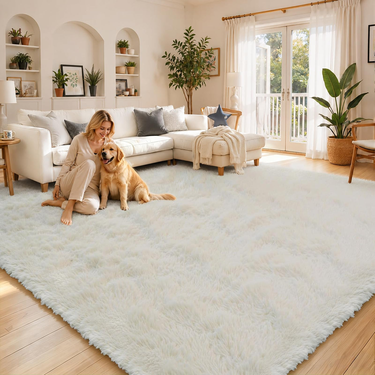 8x10 Area Rugs for Living Room,Cream Large Shaggy Carpet Plush Furry Rug