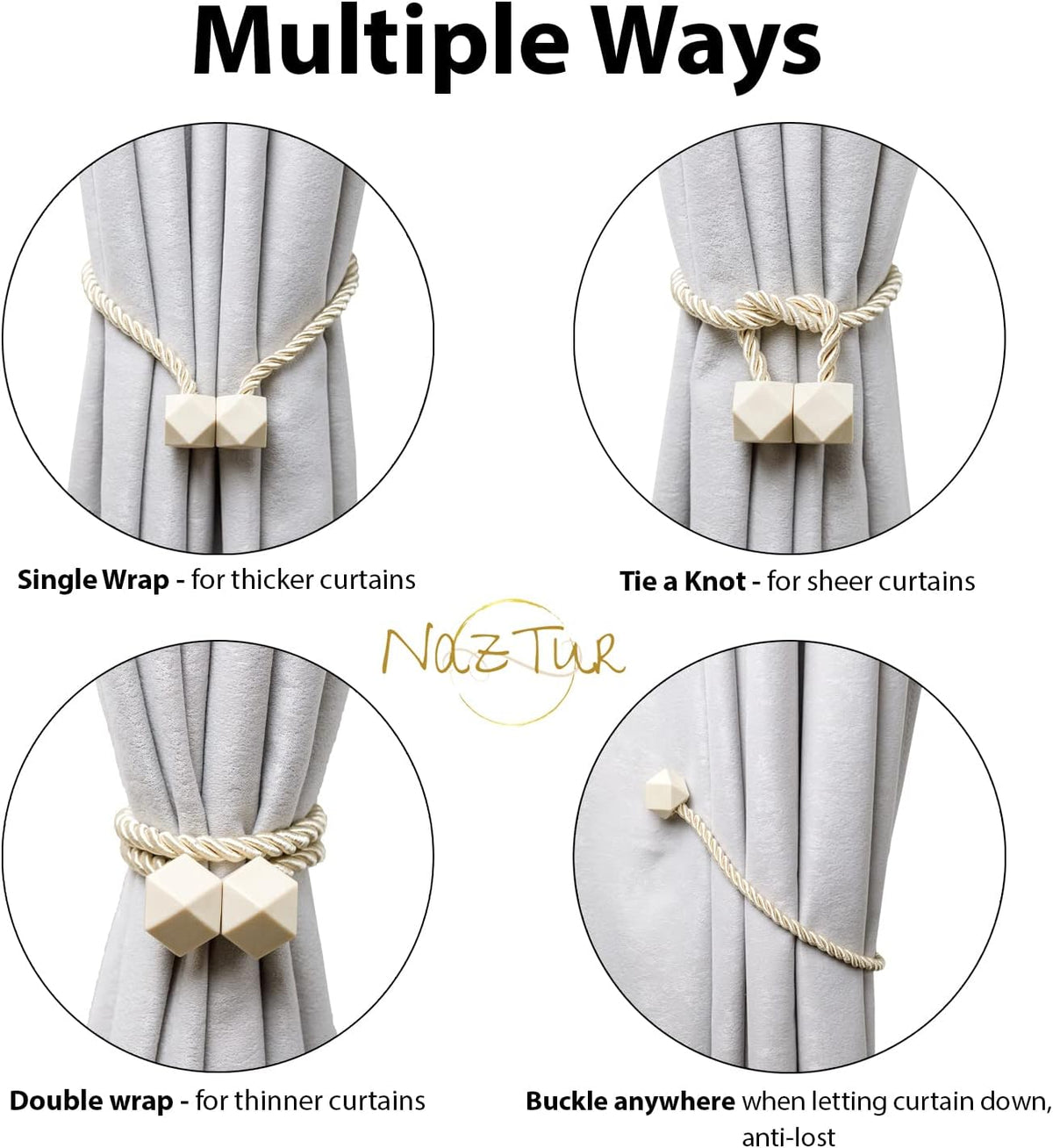 NazTur Magnetic Curtain Tiebacks, Curtain Ties, No-Drill Holdbacks (2 Pack)