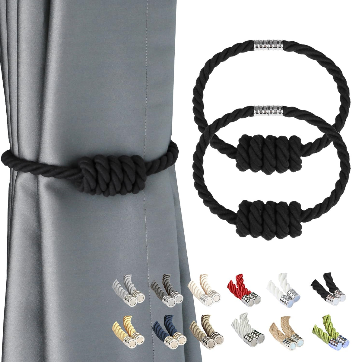 BEL AVENIR Magnetic Jute Curtain Tiebacks 2 Pack Hand-Woven Curtain Ties