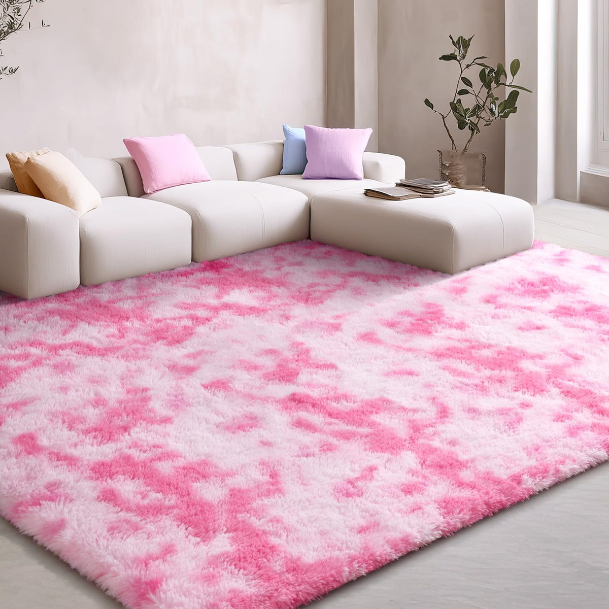 EVOIONOS Area Rug for Bedroom Living Room, Machine Washable 5x7 Fluffy Shag Rug, Soft Plush Non Slip Carpet for Indoor Floor Bedside Nursery Kids Girls Room Dorm, Home Decor Aesthetic, ‌Tie-Dye Camel