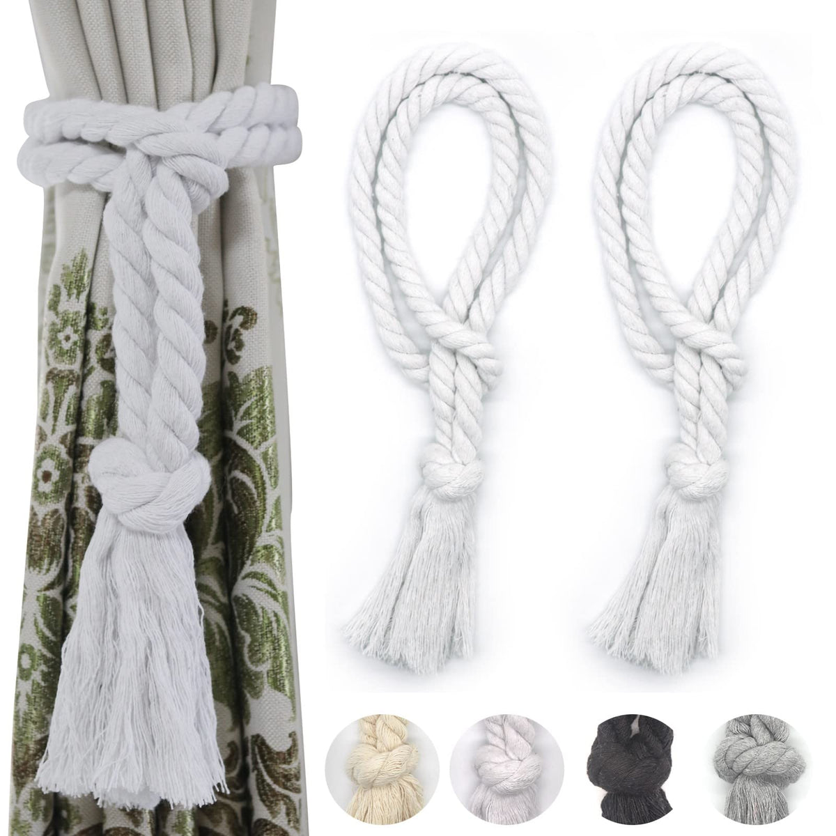 6 Pack Curtain Ties Rope, Outdoor Curtain Tiebacks for Patio Gazebo Pergola Cabana, Natural Cotton Curtain Holders, Village Rural Rustic Farmhouse Curtain Holdbacks for Drapery, Black