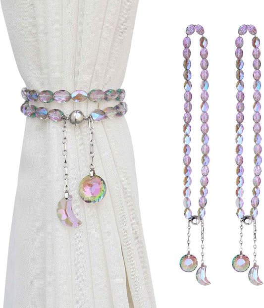 PEDOBO Magnetic Curtain Tiebacks, 2 Pack Crystal Beaded Sun & Moon Pendants Sheers/Draperies Holdbacks for Window Home Office Decor (Purple)