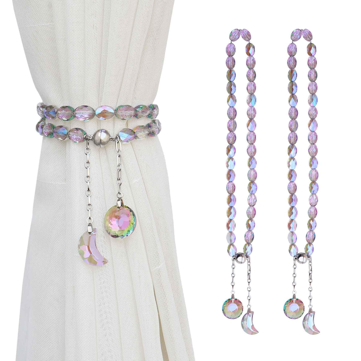 PEDOBO Magnetic Curtain Tiebacks, 2 Pack Crystal Beaded Sun & Moon Pendants Sheers/Draperies Holdbacks for Window Home Office Decor (Purple)