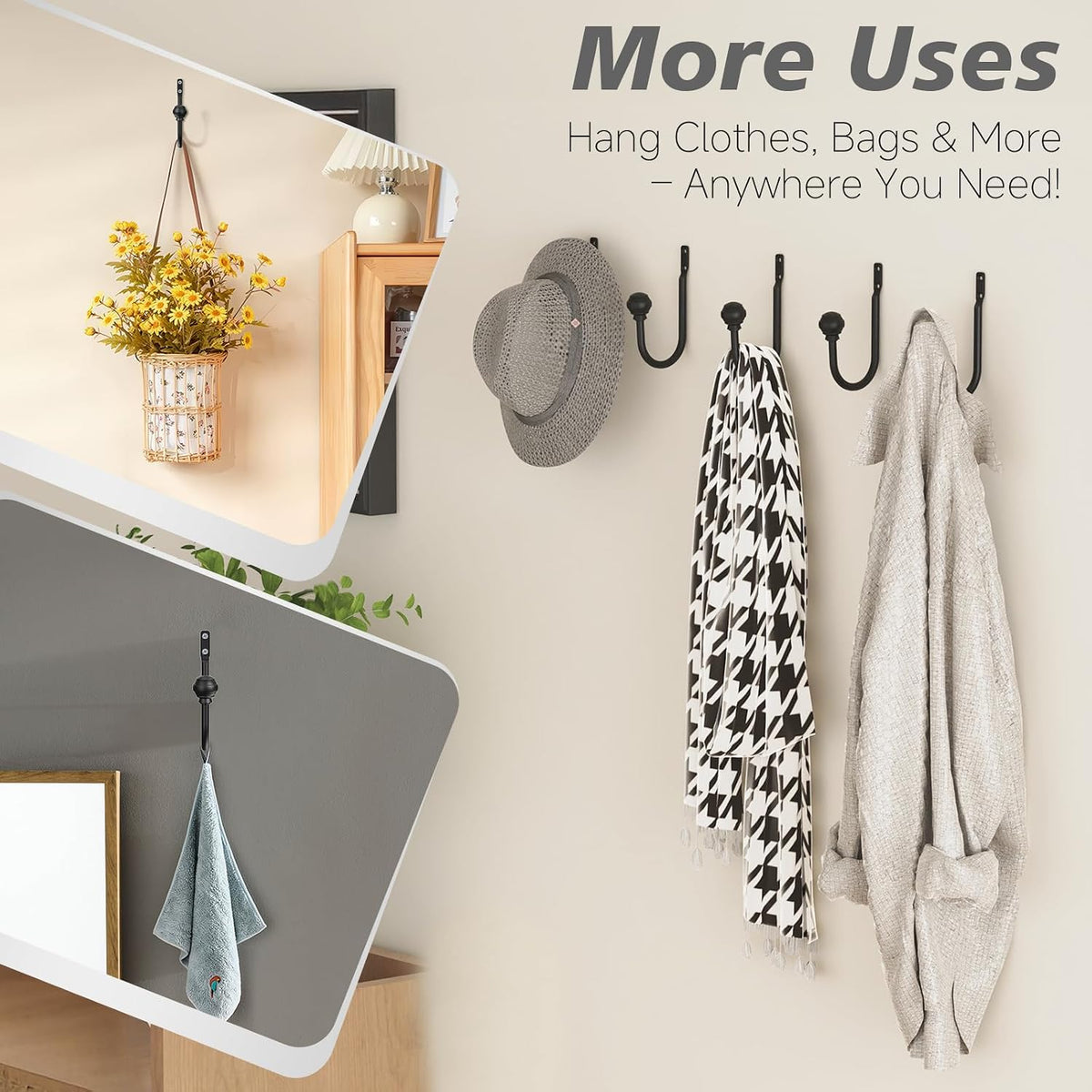 Hion Curtain Holdbacks Black 2pcs, Curtain Tiebacks Wall Mounted Hooks