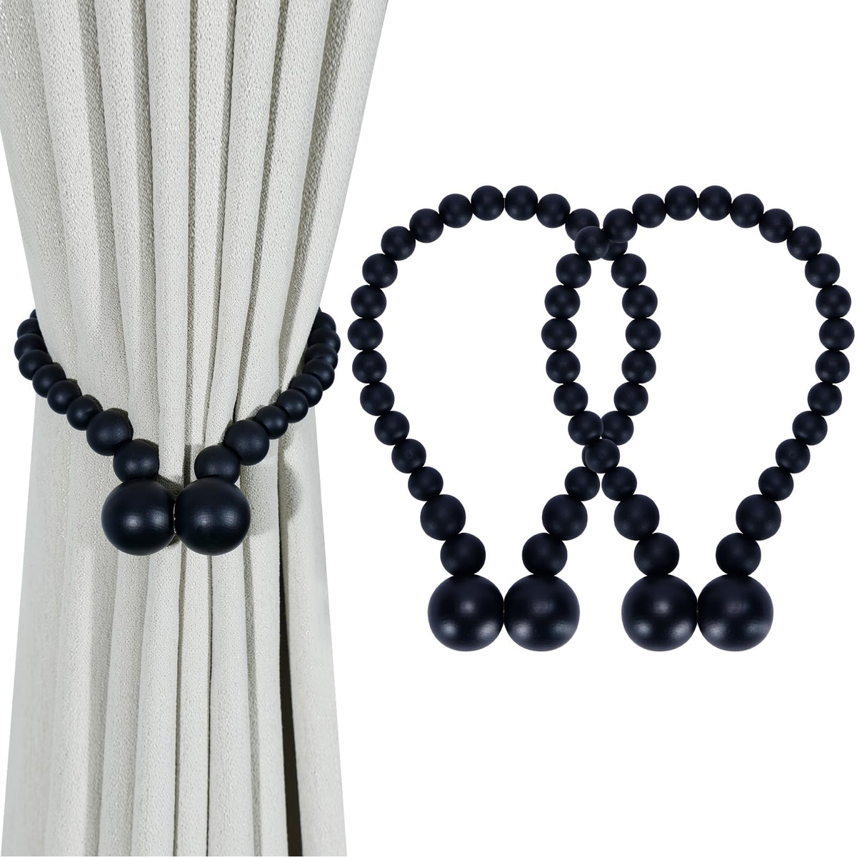 KLOGTSIND Magnetic Curtain Tiebacks, 2 Pack Wood Bead Curtain Holdbacks