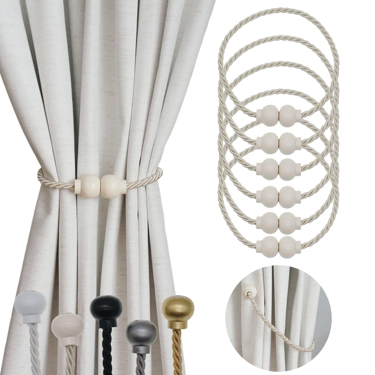 2 Pack Magnetic Curtain Tiebacks Modern Handmade Rope Curtain Tie Backs Decorative Drapes Weave Holdbacks for Home Outdoor Bedroom Office Decorative Curtain, Gold